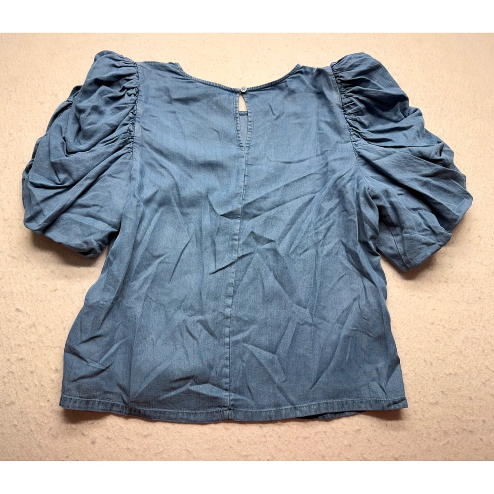 DKNY Womens Blue Lyocell Puff Sleeve Blouse Chambray Look Top Small NWT - Picture 3 of 9